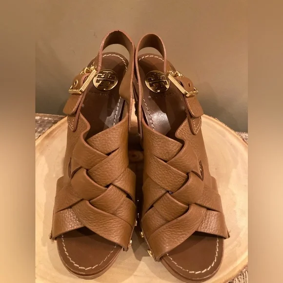 Tory Burch Brown Woven Leather Chunky Wooden Platform Heel Jodie Sandal size 8.5